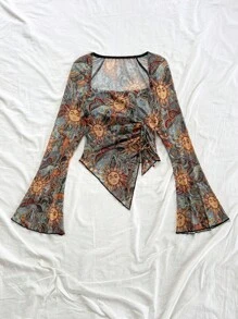 Soleia Blusa larga de manga abullonada con estampado floral bohemio, cordón y bajo asimétrico, adecuada para fiesta, cita, festival de música, té de la tarde, como interior o exterior