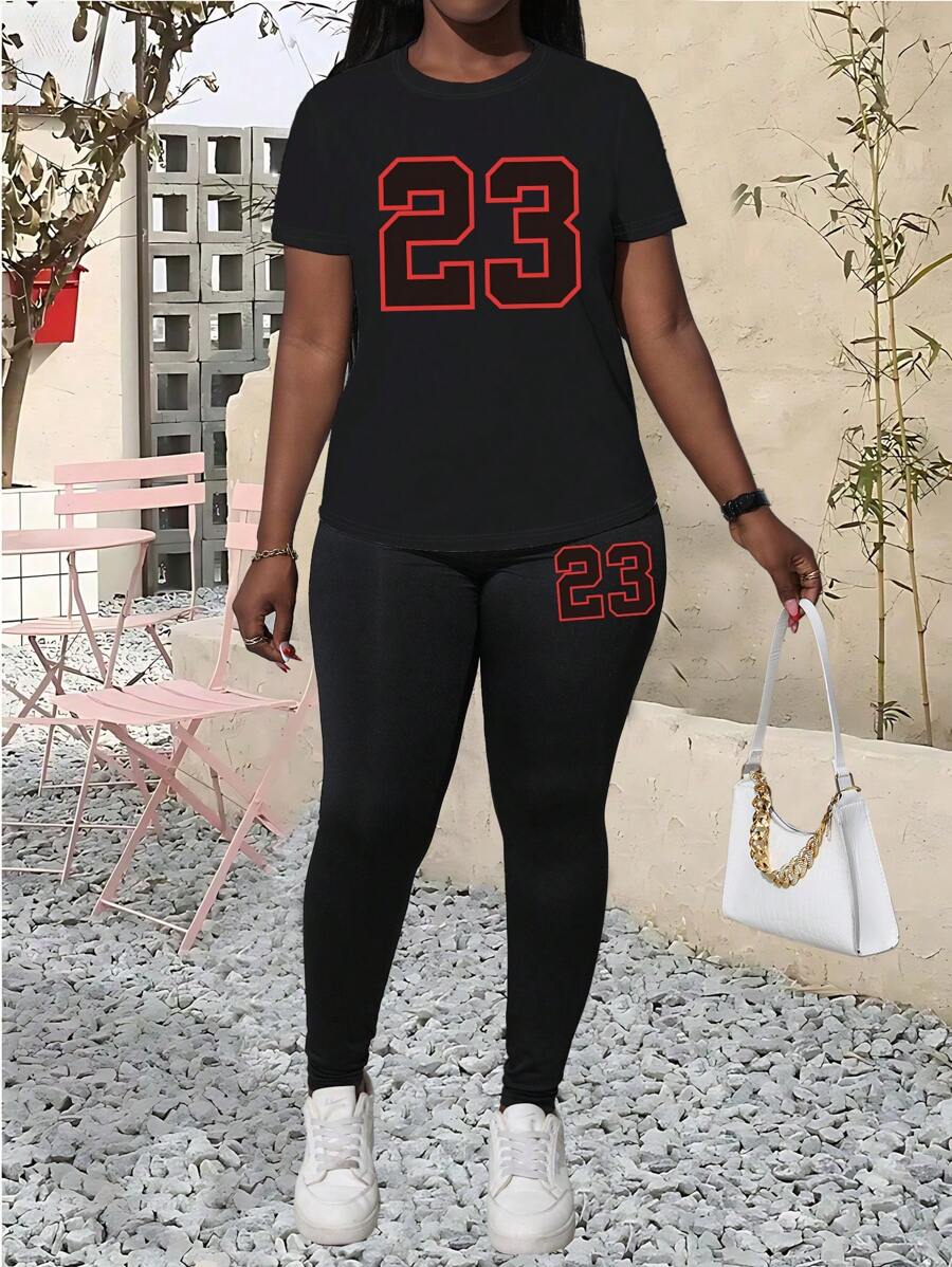 INAWLY 2pcs/Set Women's Number 23 Print Round Neck T-Shirt And Leggings Set, Spring/Summer - Black - View 1