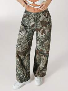 Rivivi Women's Branch Pattern Pocket Wide Leg Loose Casual Denim Pants - Army Green - View 3