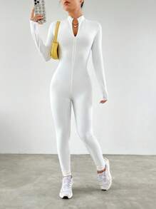 SHEIN EZwear 拉链拇指孔拉链前白色紧身连体裤 - 白色 - 查看 1