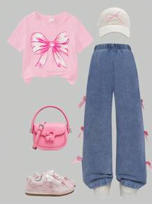 SHEIN ChillGRL 2 件套 Tween Girls Y2K 风格蝴蝶结印花 T 恤和 3D 蝴蝶结细节牛仔裤，适合夏季 - 粉色 - 查看 4