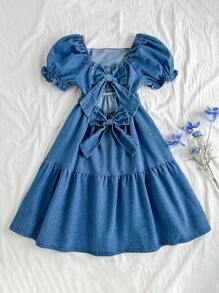 SHEIN Vintaside Kids 女童夏季方领泡泡袖时尚高端大方牛仔连衣裙，适合派对、家庭聚会、学校活动 - 藍色 - 查看 1