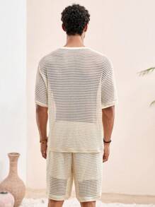 Manfinity VCAY Young Men's Casual Loose Knit Short Sleeve T-Shirt With Mesh Jacquard Set Men Knit Two Pieces Set Men Summer Two Pieces Set Men Co-Ord Set Men 2 Pieces Set Men Mesh Two Pieces Set Men Crochet Two Pieces Set - Beige - View 2