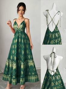 Breezaya Boho 女式 V 领性感优雅露背交叉系蝴蝶结金箔花卉印花波西米亚海滩连衣裙，荷叶边下摆无袖 2025 春夏新款演唱会服装毕业婚礼嘉宾晚礼服生日礼服演唱会服装女式长款连衣裙 - 綠色 - 查看 4