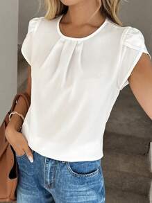 Easowa Plicated Detail Petal Sleeve Blouse,Short Sleeve Tops - White - View 6