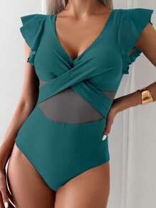 Swim Basics 女士夏季海滩度假休闲绿色纯色交叉前荷叶边袖网眼拼接性感连体泳衣 - 橄欖綠 - 查看 3