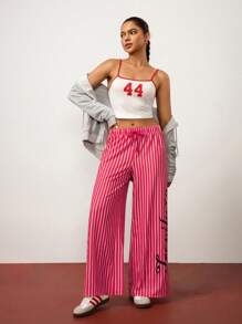 Hanevo Pantalon décontracté à jambe large avec cordon de serrage et imprimé de rayures et de lettres pour femmes Tropiluxe, nouvelle arrivée pour l'été et l'automne