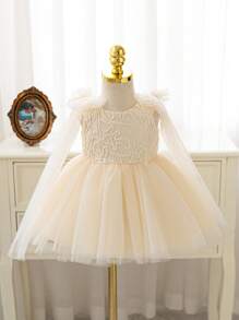 Baby Girl Lace Tulle Vacation Dress, Flower Girl Wedding Party Puff, Champagne Color, Bowknot Decor Fall Winter - Champagne - View 4