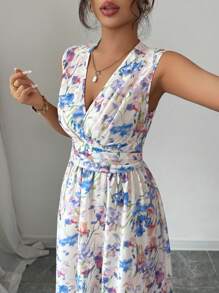 Elenzga Women's Elegant Fashionable Casual Comfy Vintage Charming Gentle Romantic Vacation Sleeveless V-Neck Backless Tie Waisted A-Line Flounced Hem Printed Dress (Random Print)