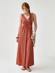 Florisole Women's Deep V-Neck Bohemian Style Drawstring Loose Leg Jumpsuit, Textured Brick Red Color, Spring/Summer - Rust Brown - View 6