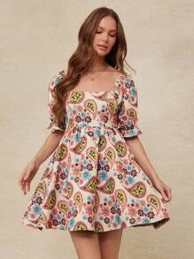 WESTFADE Spring Floral Tapestry Patterned Jacquard Square Neck Smocked Back Short Puff Sleeve Mini Dress Cowgirl Outfit - Multicolor - View 5