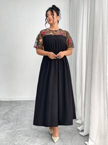 Elenzga 大码女式花卉刺绣网眼拼布束腰优雅浪漫连衣裙 - 黑色 - 查看 6