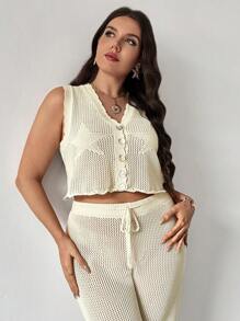 SHEIN Privé Set Sweater Ukuran Besar, Kasual Elegan Longgar Mewah Romantis Berongga untuk Pantai - Krem - View 4