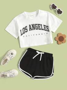 SHEIN Top gráfico de letra y shorts con diseño de delfín para niñas jóvenes