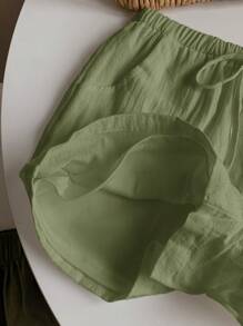 SHEIN EZwear 素色腰上打結闊腿短褲 - 綠色 - 查看 8