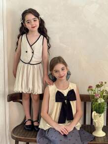 LMoss Kids LMoss 2pcs Set Young Girl Woven Contrast Color Vest And Skirt - Black and White - View 1