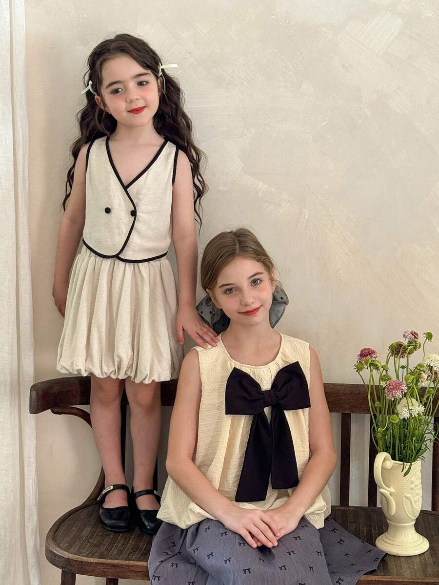 LMoss Kids LMoss 2pcs Set Young Girl Woven Contrast Color Vest And Skirt - Black and White - View 1