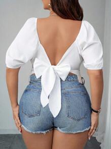 Elenzga 大码女式纹理泡泡袖后背打结衬衫 – 优雅白色 - 白色 - 查看 1