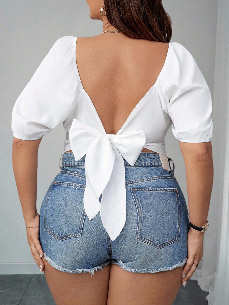 Elenzga 大码女式纹理泡泡袖后背打结衬衫 – 优雅白色 - 白色 - 查看 1