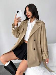 SHEIN EZwear 女式秋季新款纯色休闲长袖卡其色经典风衣 - 卡其色 - 查看 5