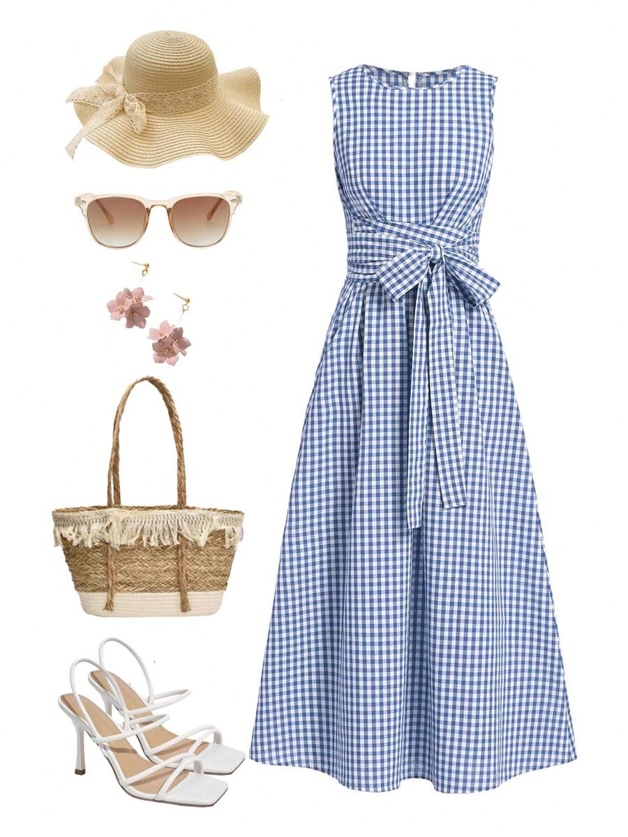 Ellevyn 女士夏季休闲度假野餐格子圆领系带腰口袋无袖宽松连衣裙，适合各种场合、休闲、通勤和旅行 - 藍白色 - 查看 1