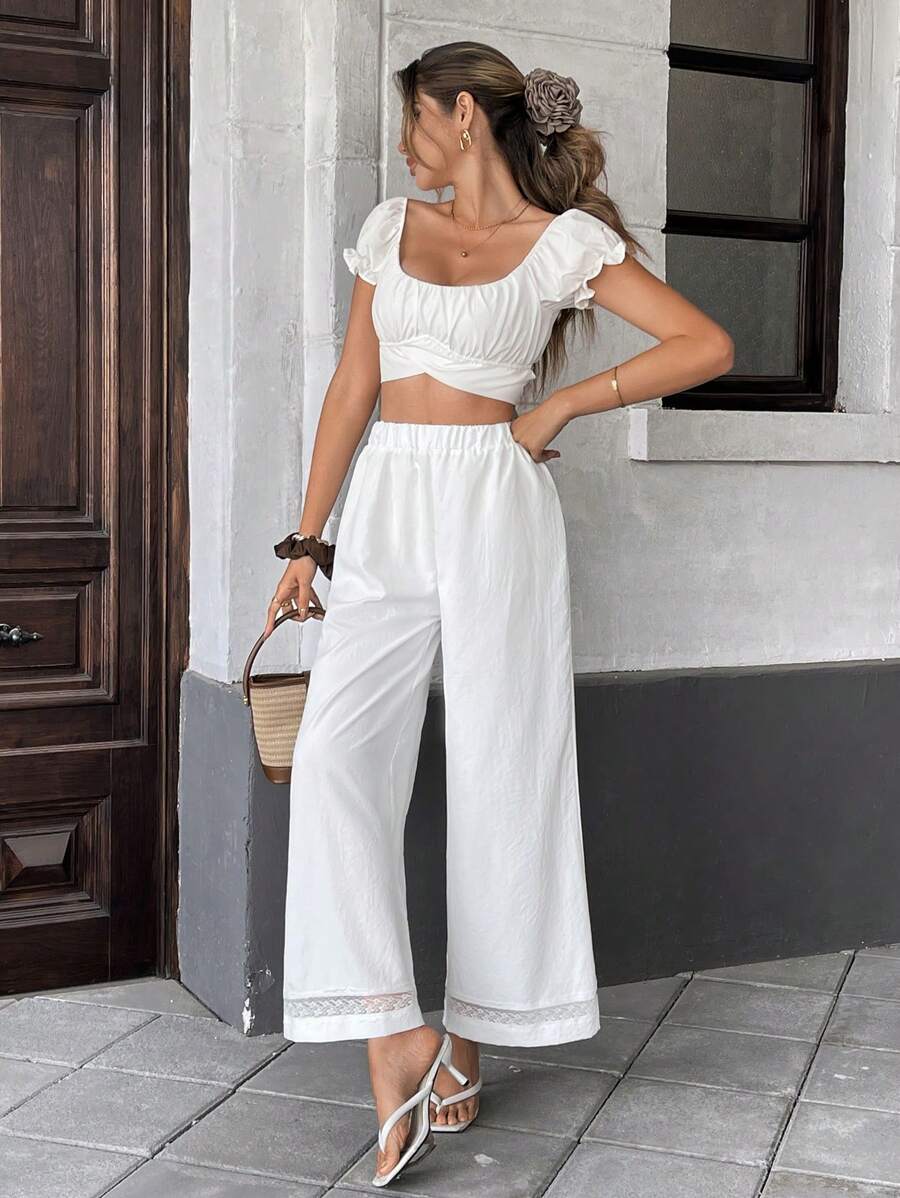 Chiquease 休闲松紧腰阔腿蕾丝边纯色裤，春夏