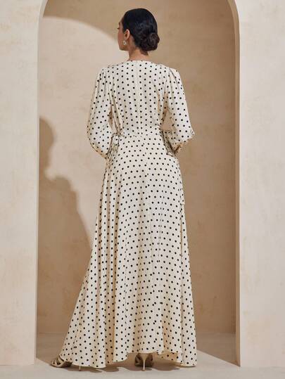 Graceveil Elastic Waist Tie-Up Polka Dot Floral 3D Decor Loose Sleeve Arabic Style Dress Modest Modest Polka Dot Dress