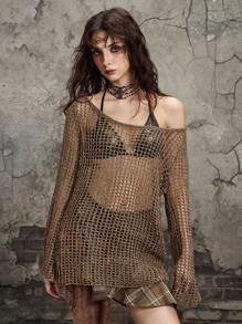 ROMWE Grunge Punk 女式 Y2K 复古做旧超大不对称领口镂空针织上衣针织套头衫秋冬