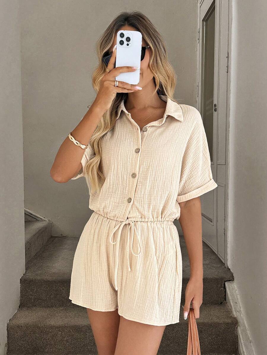 SHEIN LUNE 蝙蝠袖前打結襯衫和短褲