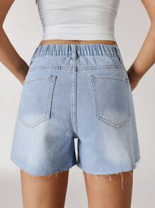 Jeanoix High Waist Embroidered Cherry Washed Denim Shorts - Light Wash - View 2