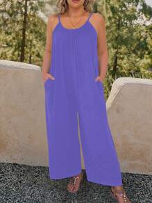SHEIN LUNE Mono de pierna ancha estilo bohemio para mujer talla grande con tirantes ajustables, sin mangas y de estilo casual de verano - Púrpura malva - Ver 3