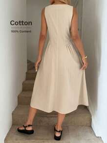 Easowa Crew Neck Waist Gather Ruched A-Line Dress, Casual Resort Elegant Midi Dress For Women, Spring/Summer, Cotton Fabric Drop Waist Dress Old Money Style Women Island Vacation Outfits Summer Dresses For Women Vacation Outfits Women Strapless Dress Airport Outfit For Women Boho Dress Women,Business Casual Woman Business Women Attire - Apricot - View 2