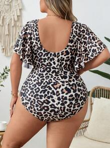 SHEIN CURVE+ Plus Size Women's Leopard Print Ruffled One-Piece Swimsuit For Summer Beach Vacation - Brown - View 2