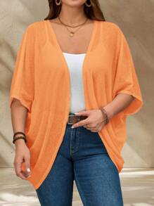 EMERY ROSE Plus Size Vacation Solid Color Asymmetric Hem Batwing Sleeve Casual Jacket,Spring/Summer Fall Women Clothes,Autumn,Fall Clothes Orange Cardigan Summer Cardigan Plus Size Summer Cardigan Orange Plus Size Cardigan Winter - Orange - View 4