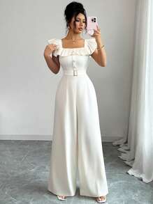 Elenzga Bộ đồ liền thân thắt lưng giả cổ vuông xếp nếp mới cho nữ, trang trí nút, thanh lịch, đa năng, mặc đi làm hàng ngày, cạp cao, thon gọn - Màu be - Xem 7