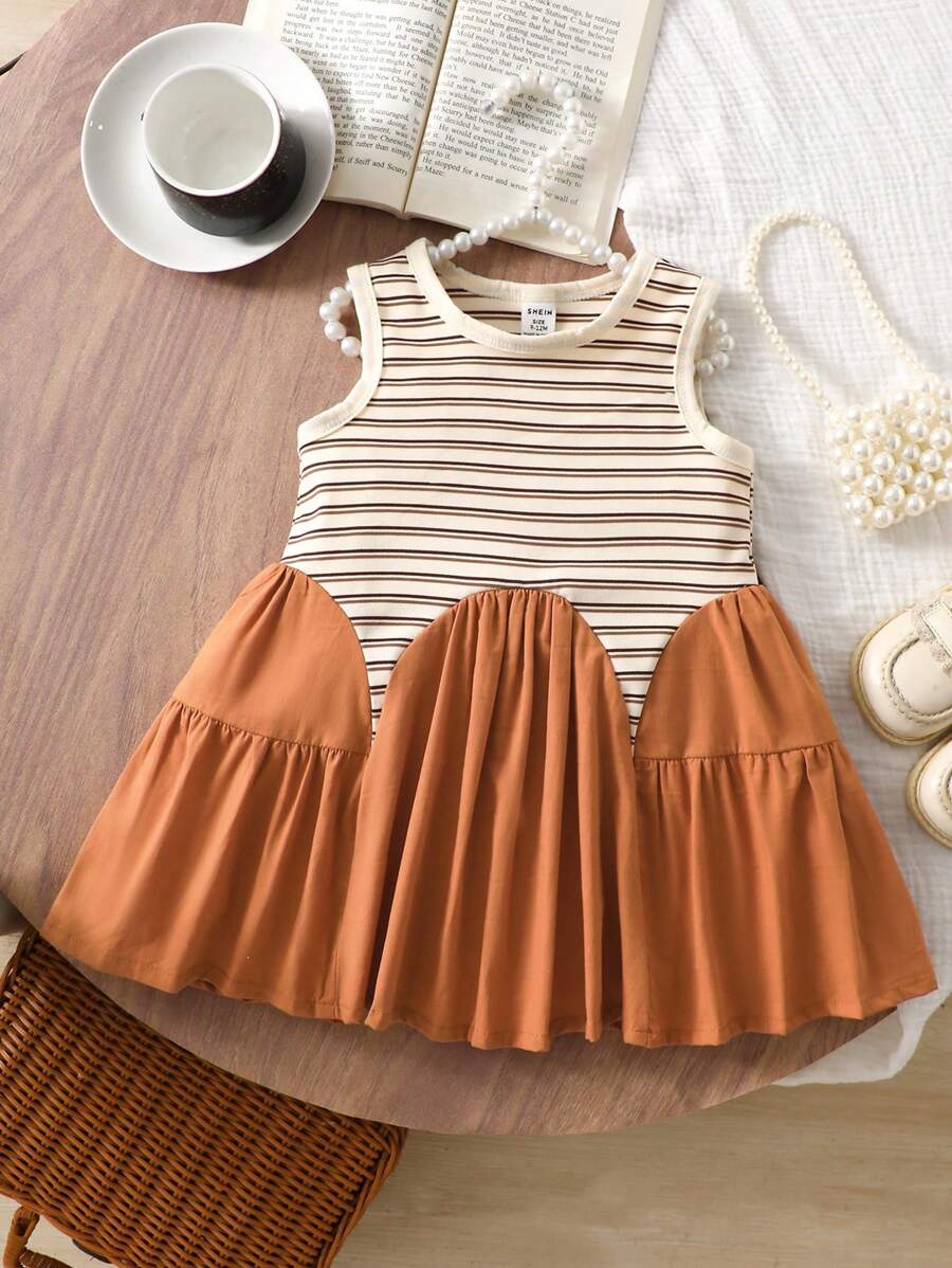 SHEIN 女婴条纹休闲优雅时尚连衣裙，百搭春夏基础款 - 棕色 - 查看 1