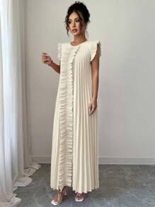 Selianne Váy midi cổ tròn xếp ly giản dị dành cho nữ - Màu be - Xem 4