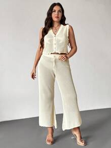 SHEIN Privé Set Sweater Ukuran Besar, Kasual Elegan Longgar Mewah Romantis Berongga untuk Pantai - Krem - View 7