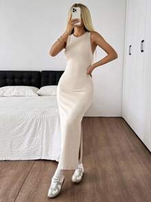 SHEIN EZwear Apricot Backless Bodycon Sleeveless Knit Dress For Women - Apricot - View 5
