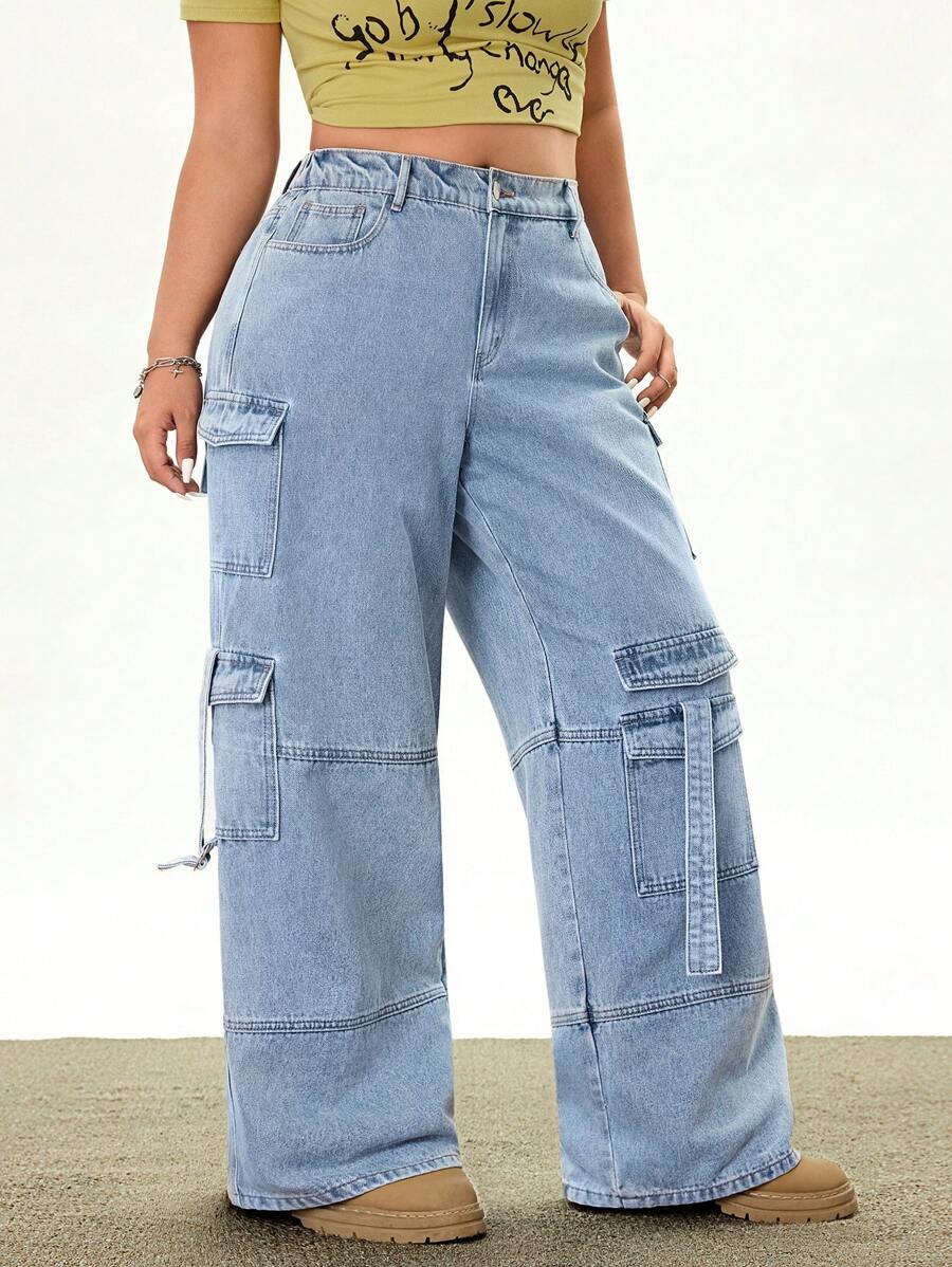 Rina Fox Plus Size Women's Summer Avant-Garde Casual Straight Leg Jeans - Light Wash - View 1