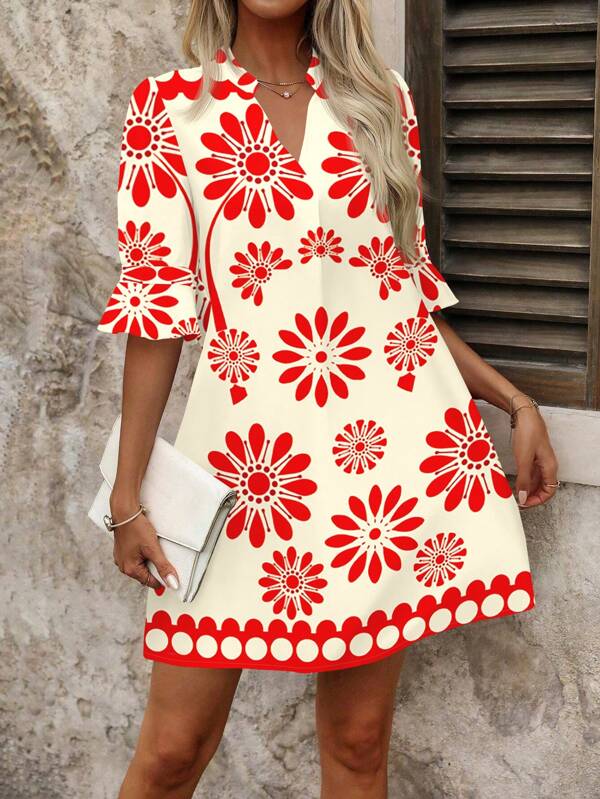 SHEIN Clasi Red Printed Women Short Casual Dress Summer Outfits For Women Women's Summer Clothes Summer Outfits For Women Country Outfits Women,Boho Clothes Women Autumn Boho