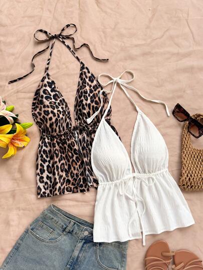 Soleia 2 piezas Camiseta sin mangas con escote en V y espalda anudada con textura de tela con estampado de leopardo sexy, adecuada para vacaciones, citas, té de la tarde, vacaciones, festivales de música, estilo bohemio