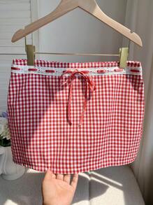 Comfortcana Women's Fashionable Romantic Y2K Plaid Print Twist Mini Skirt Red Gingham - Red - View 4