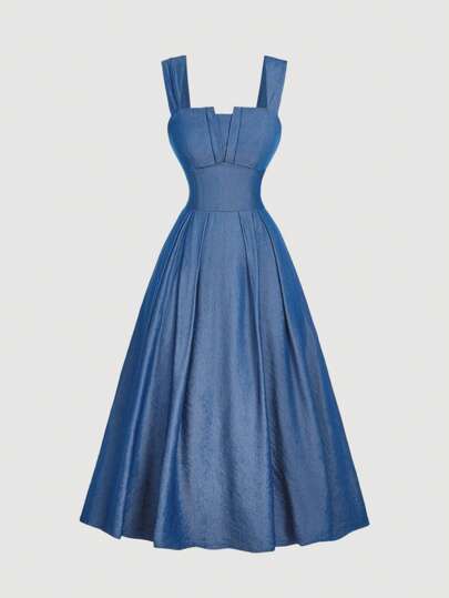 SHEIN MOD Women's Blue Maxi Dress,V-Neck, Summer Denim Effect Women Dresses Party,Summer Denim Effect Women Dresses Party,Corset Dress,Business Casual Woman,Office Outfits For Women,Boho,Vacation Dress,Brunch Outfits For Women,Tea Party Dress,Office Outfits For Women,Work Clothes Women,Back To School Clothes,Airport Outfit For Women, Blue Midi Dress