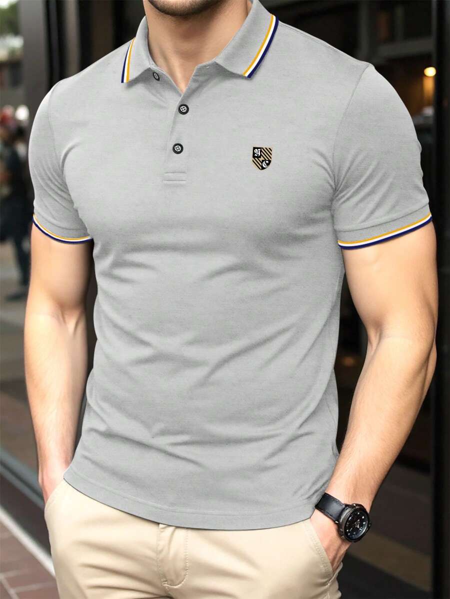 Men's Striped Shield Logo Print Short Sleeve Polo Shirt, Summer - Grey - View 1