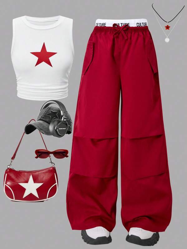 SHEIN 2pcs Girls Star Print Draw-Cord Vest Top Paired With Waist Contrast Stitched Cargo Pocket Pants, Street Casual Set, Spring/Summer