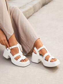 HighSole 女士休闲舒适厚底方头白色罗马凉鞋 - 白色 - 查看 3