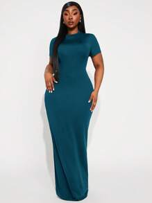 SHEIN SXY 大码优雅纯色修身连衣裙 - 寶藍色 - 查看 4