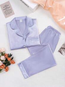 2pcs Big Girl Solid Color Satin Lounge Set, Long Sleeve Top And Pants, Spring/Autumn