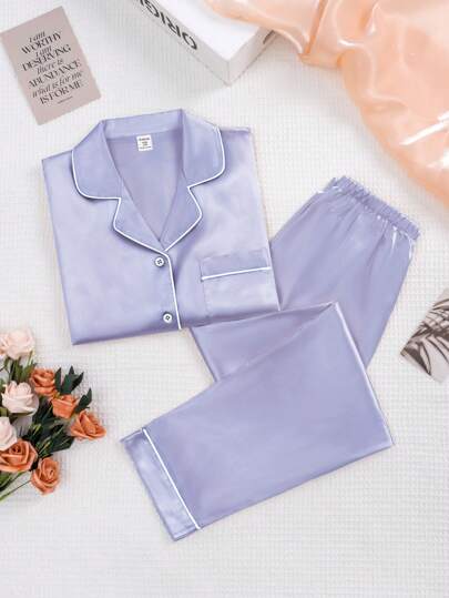 2 pièces Ensemble lounge en satin unicolore grande taille, Top à manches longues et pantalon, printemps/automne